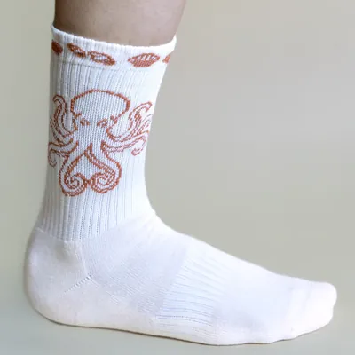 Deep Water Guardian sock worn on a foot, octopus design, side view