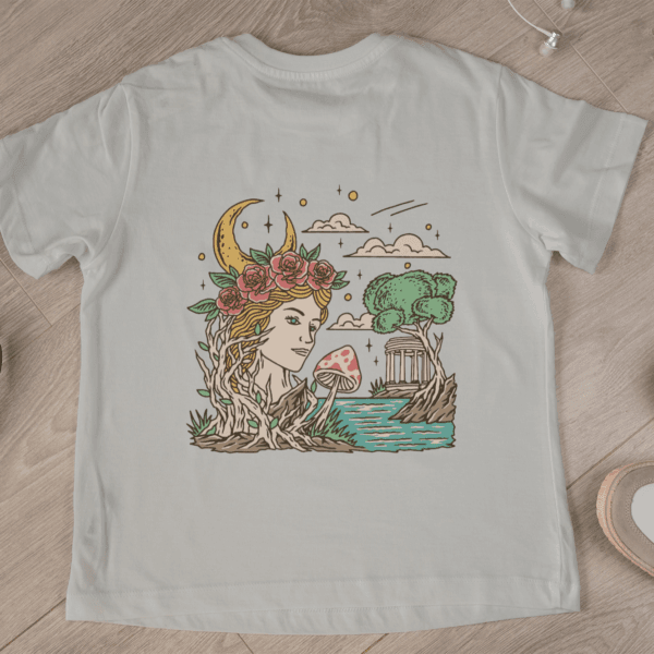 Top-down view of a white T-shirt featuring a Greek-inspired Gaia design with a woman’s face, moon, flowers, and temple details.