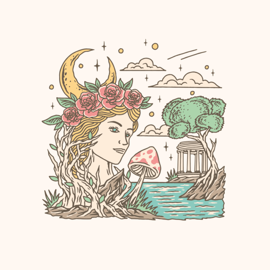 Illustration featuring Roman and Greek-inspired statues, columns, and Gaia elements for the ‘Wander with Gaia’ T-shirt.