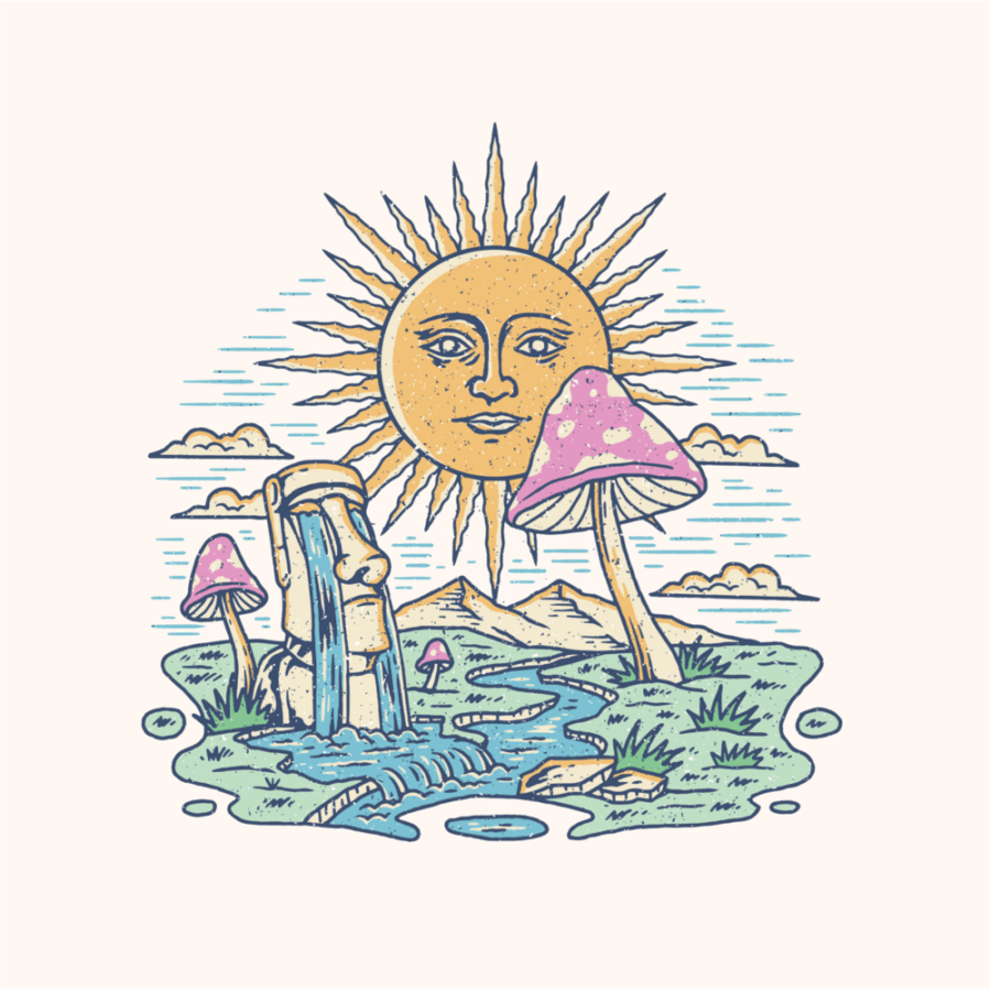 Colorful illustration of a bright sun, mushrooms, and a flowing waterfall for the ‘Vana Journey’ T-shirt.